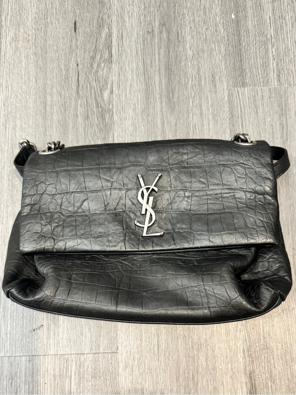 Saint Laurent Black Croc-Embossed Leather Shoulder Bag with Silver YSL Logo